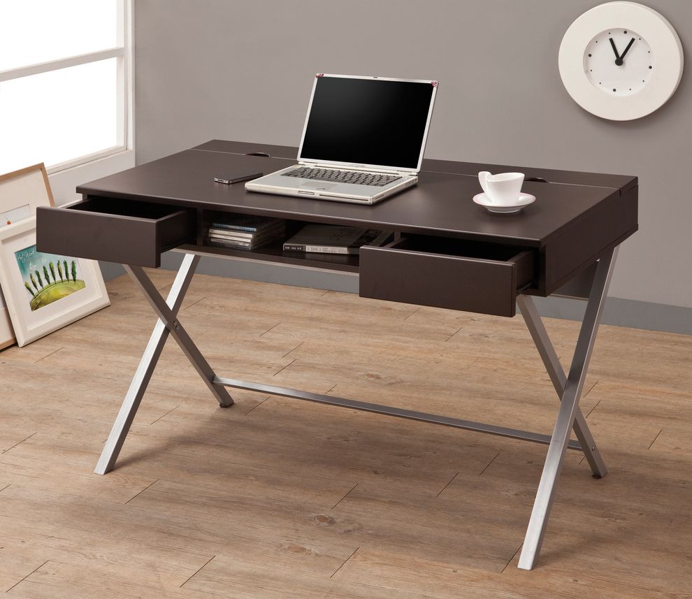 Contemporary cappuccino writing desk w/ crossed metal legs by Coaster