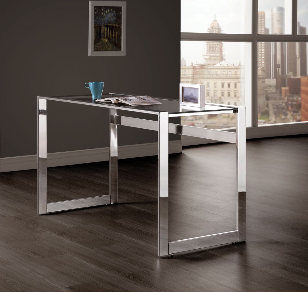 Contemporary chrome and glass top writing desk by Coaster