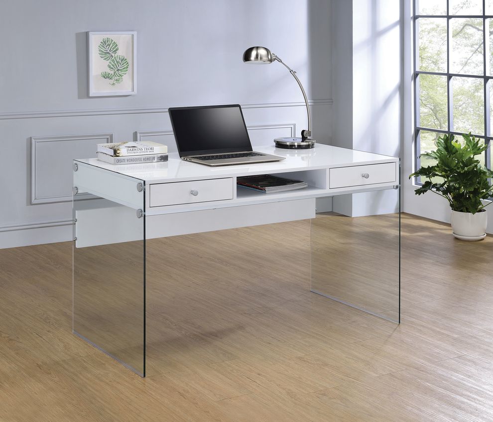Contemporary glossy white writing desk w/ glass legs by Coaster