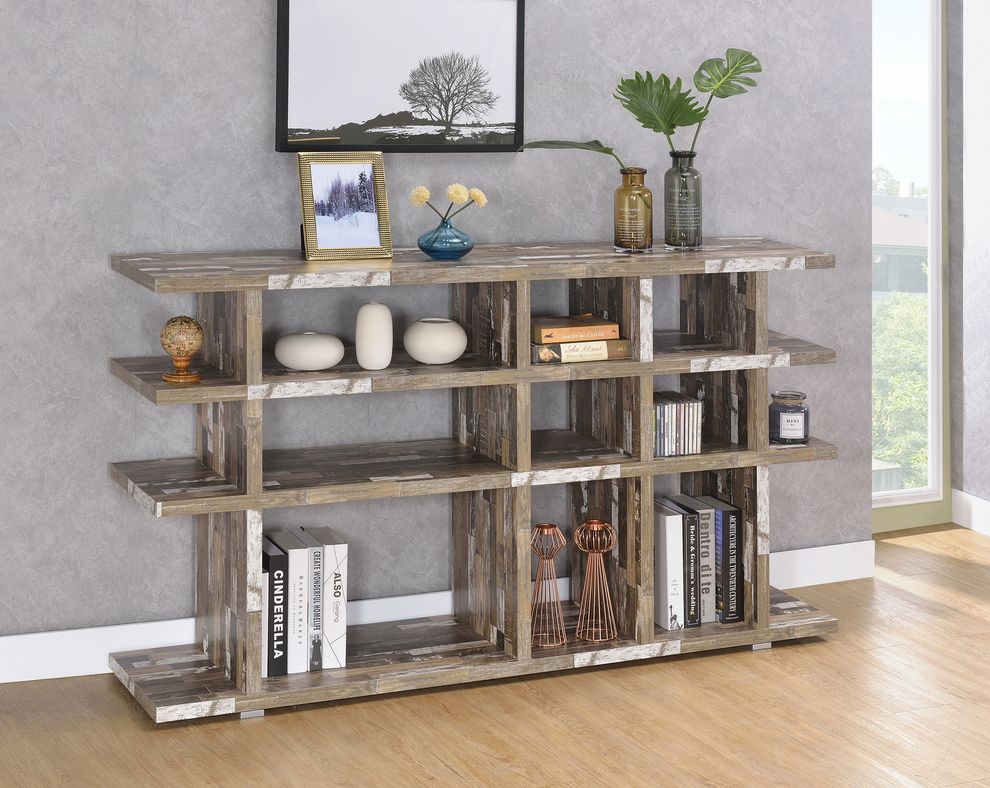 Rustic salvaged cabin low-profile bookcase by Coaster