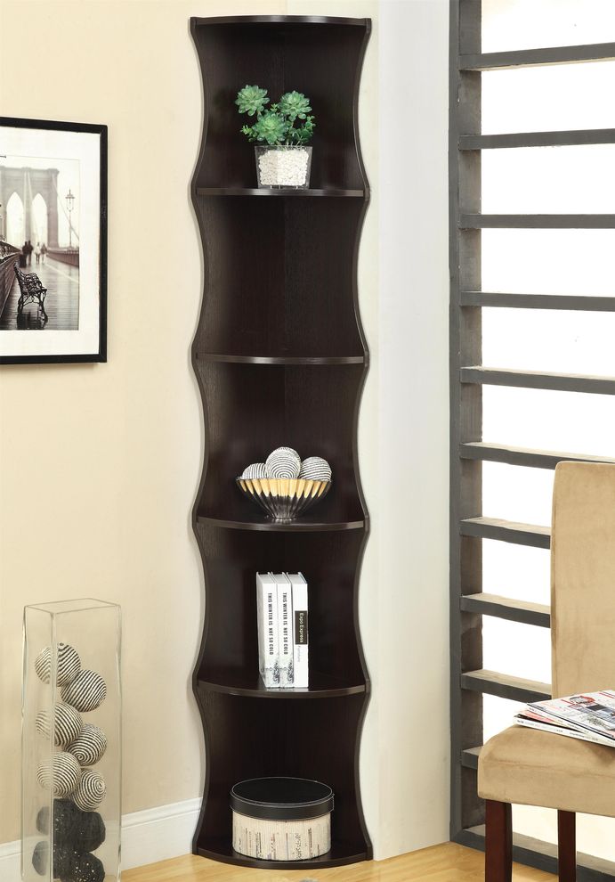 Corner bookcase in scalloped shape by Coaster