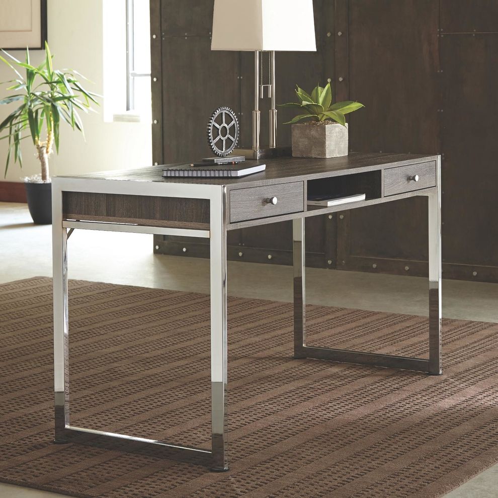 Contemporary weathered grey writing desk w/ rectangular chrome legs by Coaster