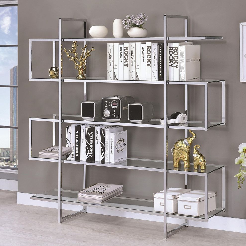 Contemporary silver metal and glass bookcase by Coaster