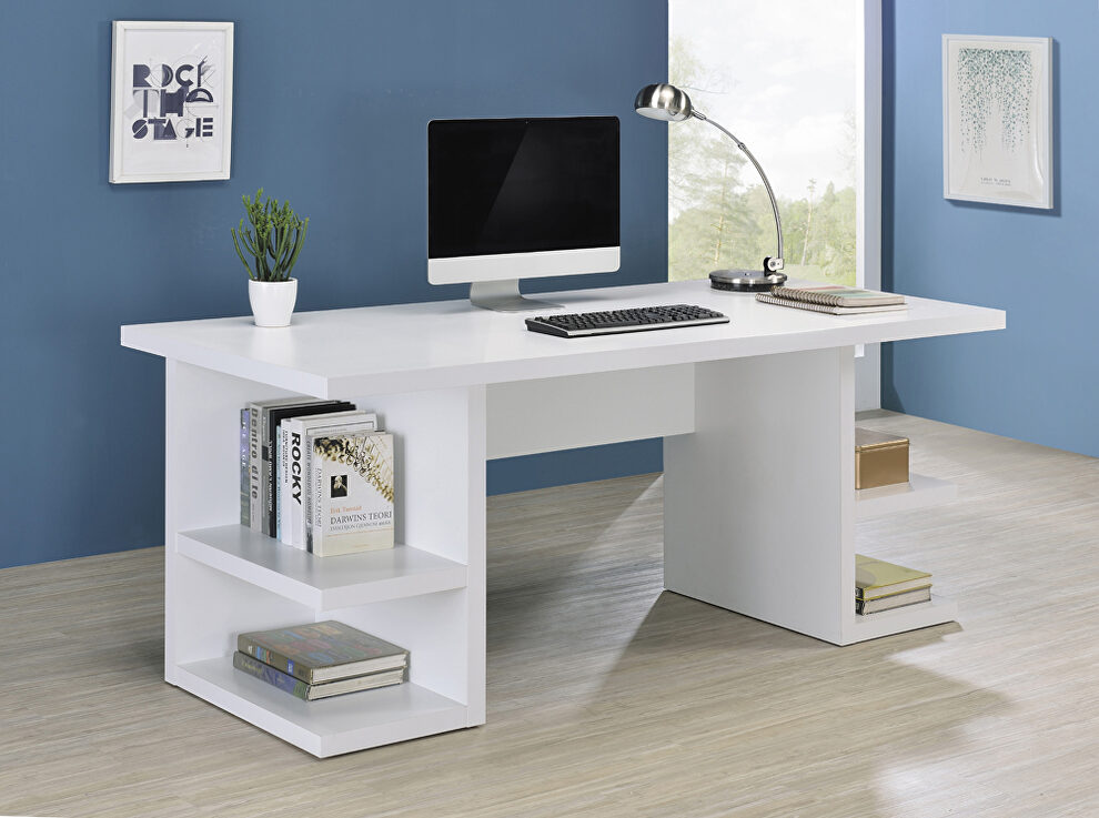 White wood finish writing desk with open shelves by Coaster