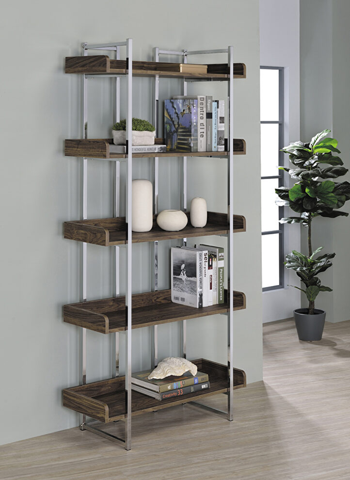 Walnut and chrome finish 5-shelf bookcase by Coaster