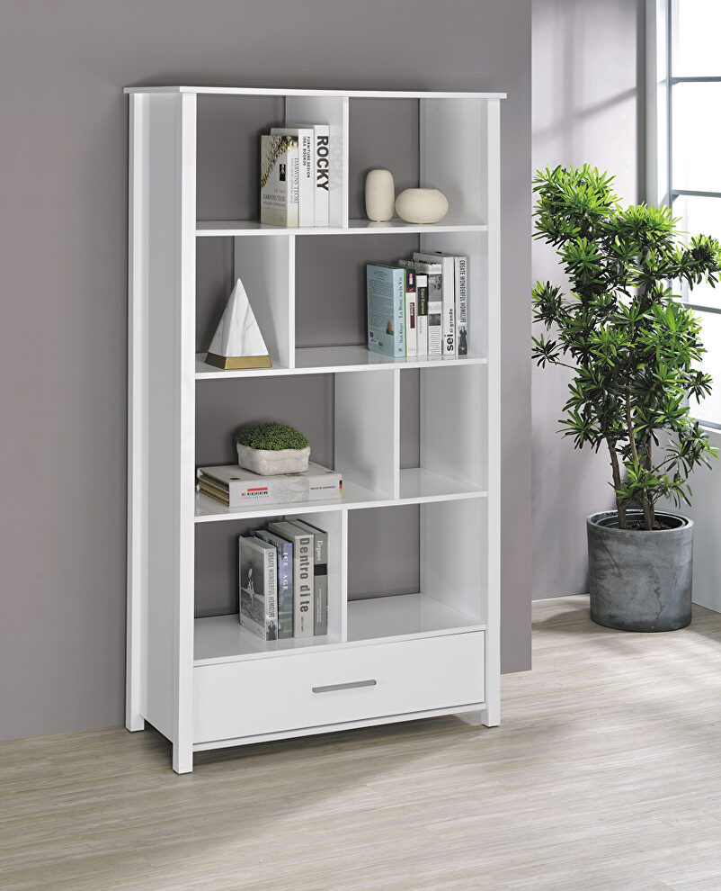 High gloss white finish wood rectangular 8-shelf bookcase by Coaster