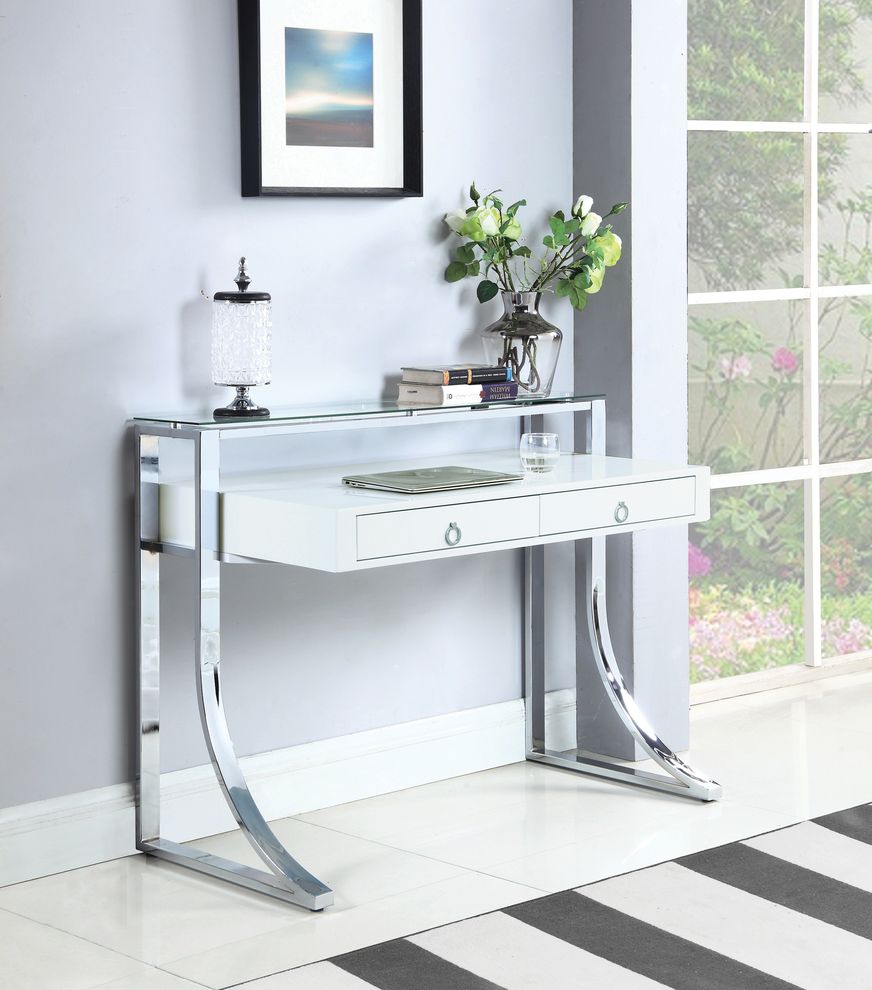 Contemporary glossy white writing desk w/ chrome legs by Coaster