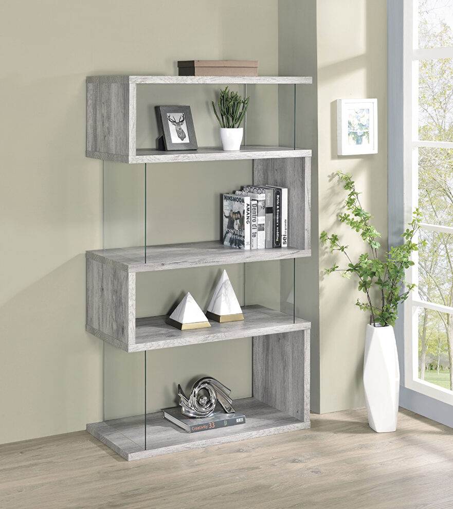 Gray driftwood wood finish 4-shelf bookcase with glass panels by Coaster