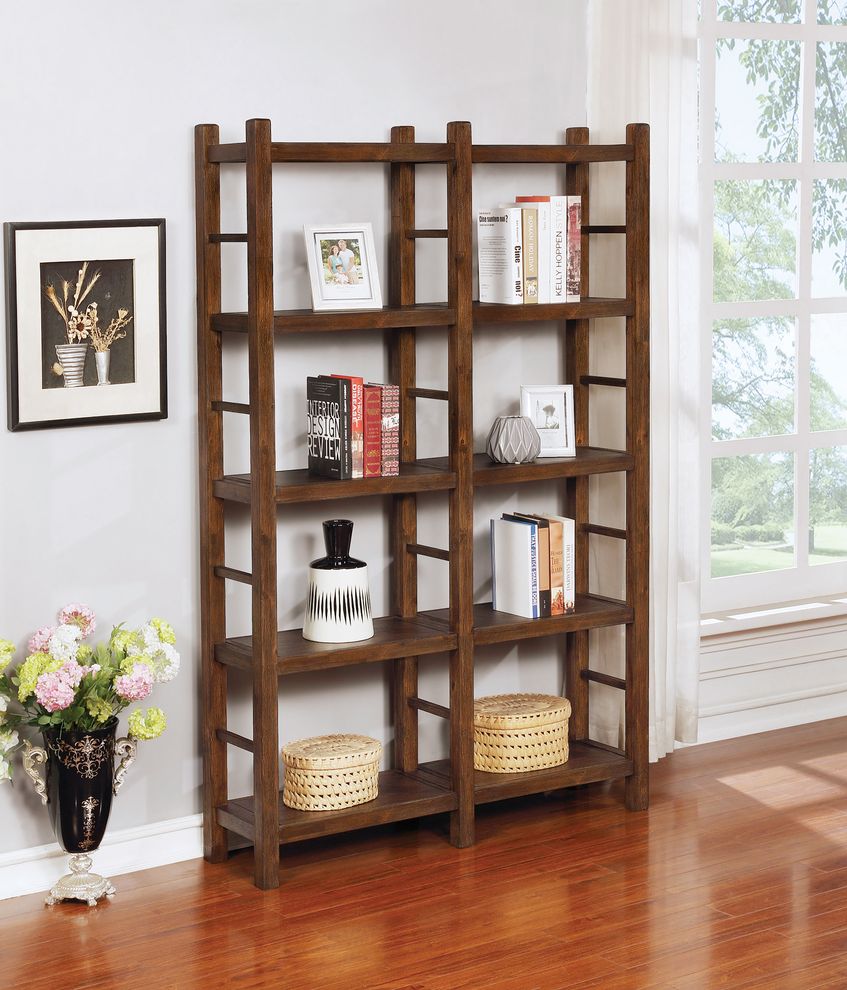 Double bookcase in walnut brown finish by Coaster