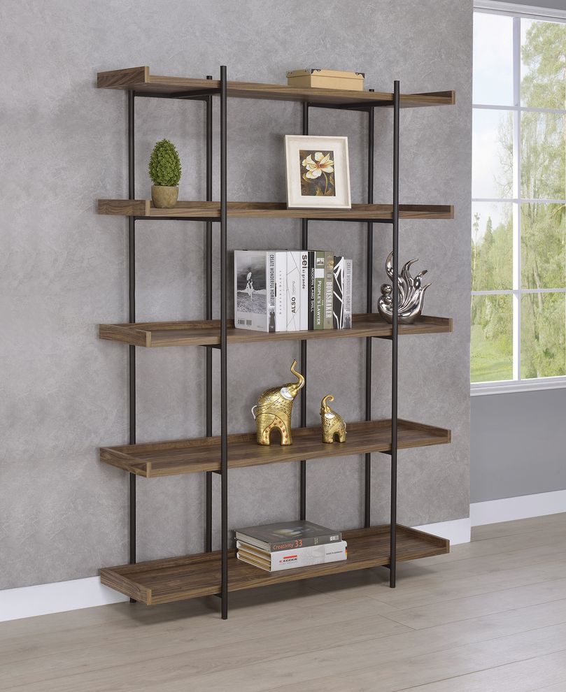 71-inch double bookcase in aged walnut by Coaster