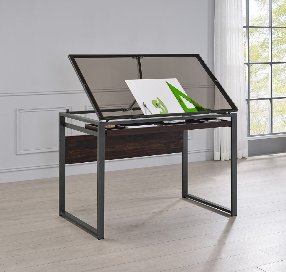 Smoked tempered glass tabletop drafting desk by Coaster