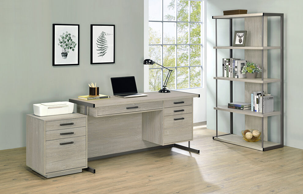 4-drawer rectangular office desk whitewashed grey and gunmetal by Coaster