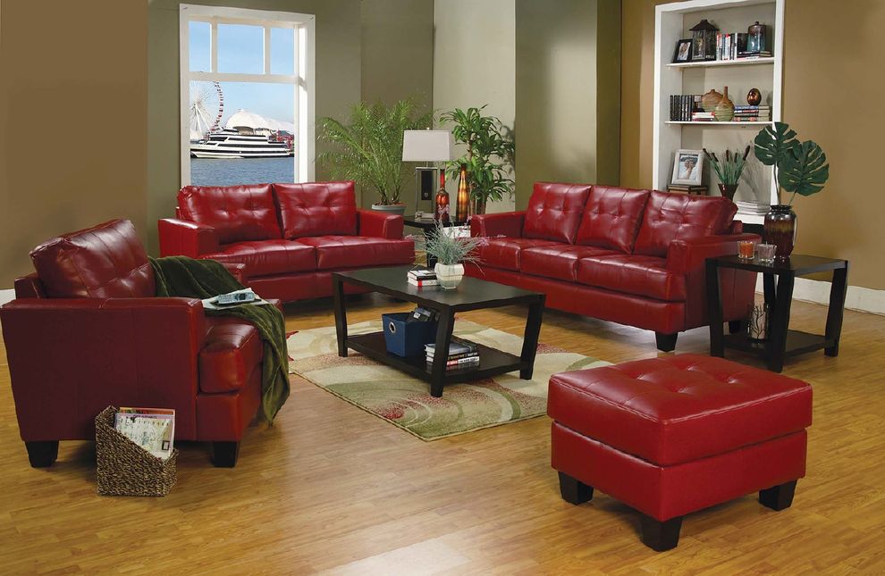 Affordable red faux leather sofa by Coaster