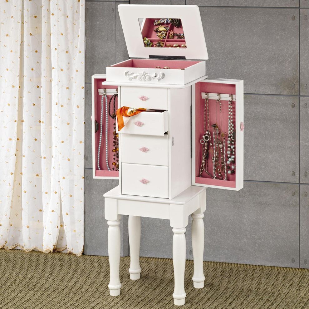 Traditional white jewelry armoire with pink interior by Coaster
