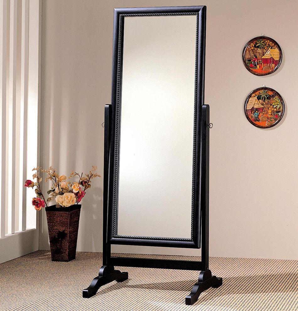Rubbed black frame simple cheval mirror by Coaster