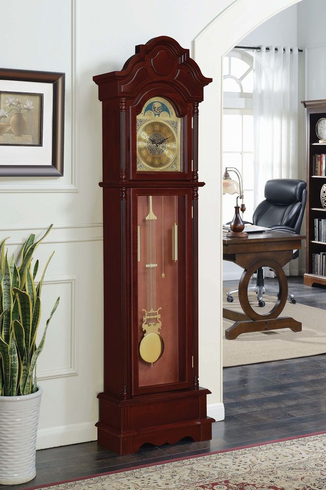 Traditional brown red grandfather clock by Coaster