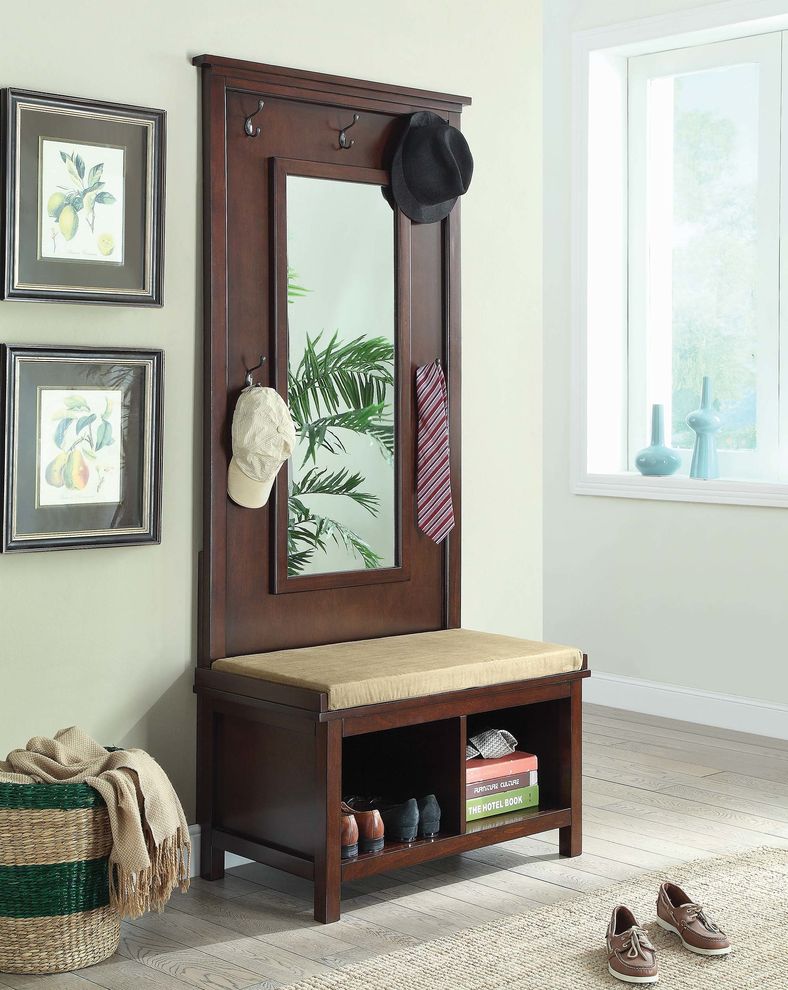 Transitional raw umber hall tree with mirror by Coaster