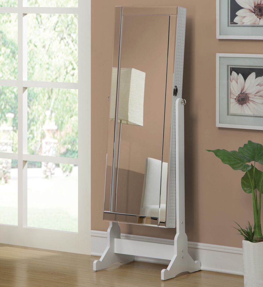 Transitional white cheval mirror and jewelry armoire by Coaster