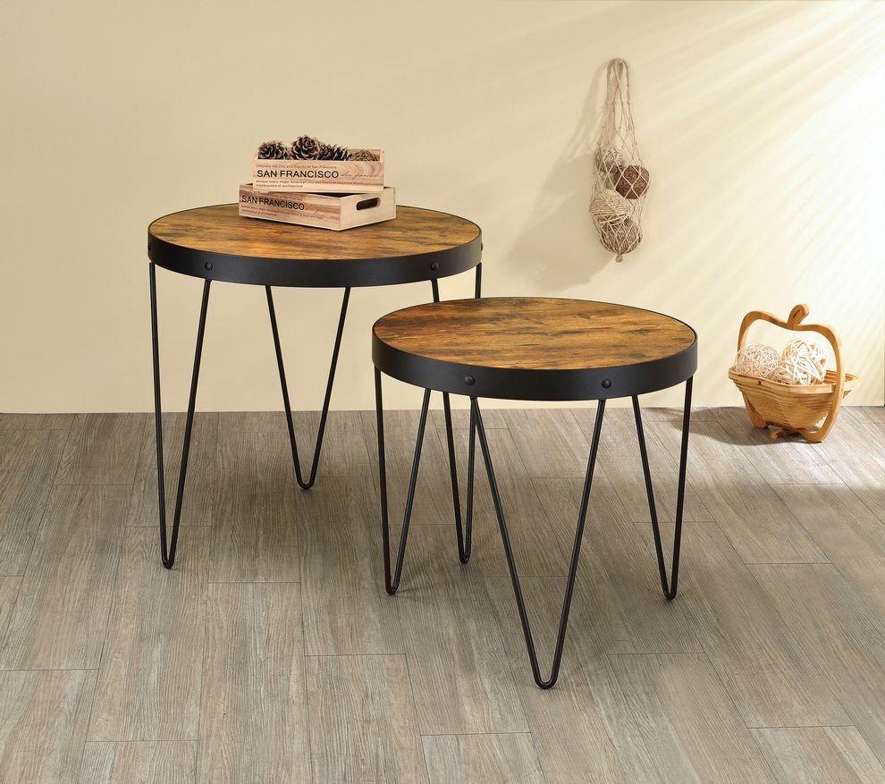 Industrial honey and black nesting tables by Coaster