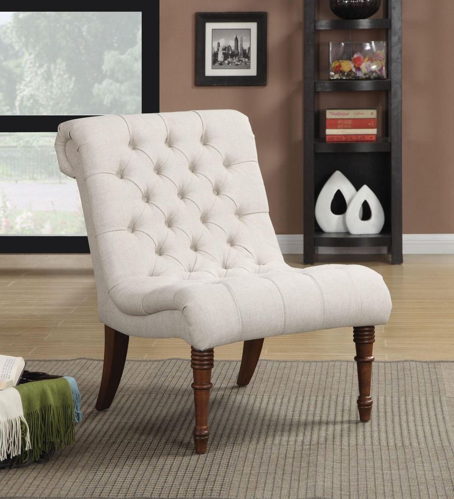 Curved back tufted oatmeal fabric chair by Coaster