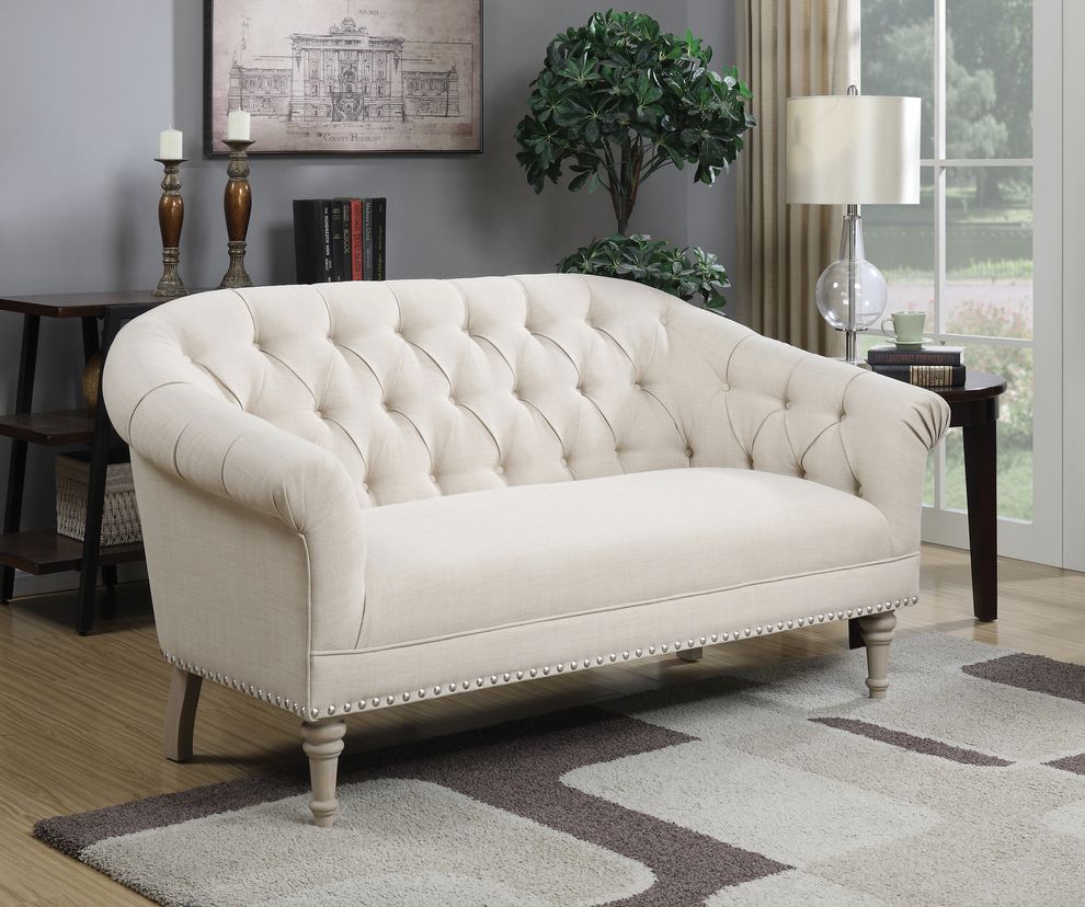 Tufted linen-like fabric settee by Coaster