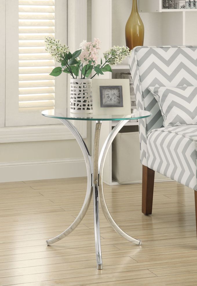 Chrome base / glass top side / accent table by Coaster