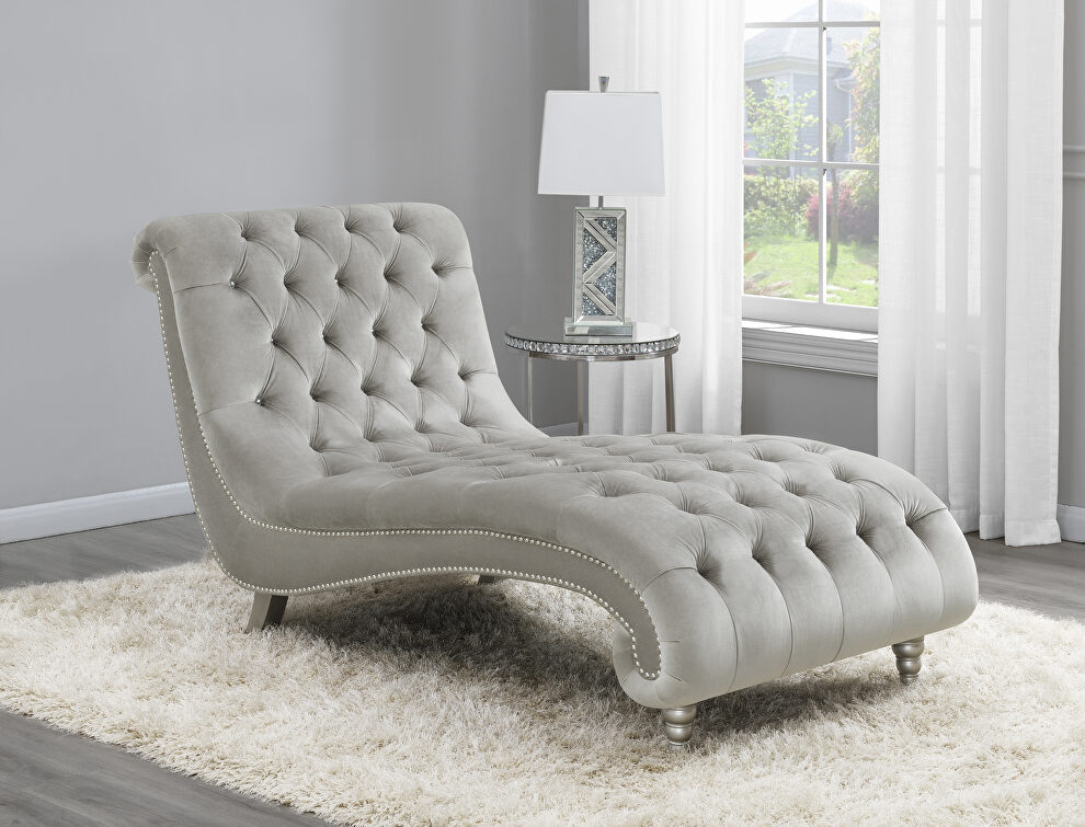 Smooth luxurious gray velvet chaise by Coaster