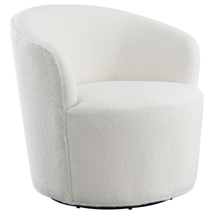Upholstered swivel barrel chair in white faux sheep skin by Coaster
