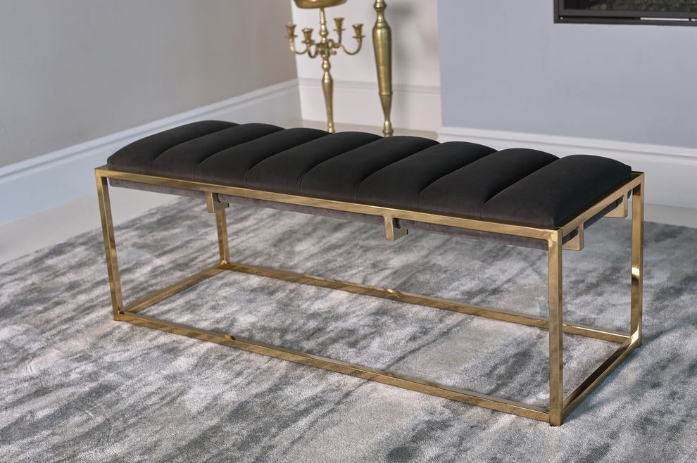 Dark gray velvet / gold metal frame bench by Coaster