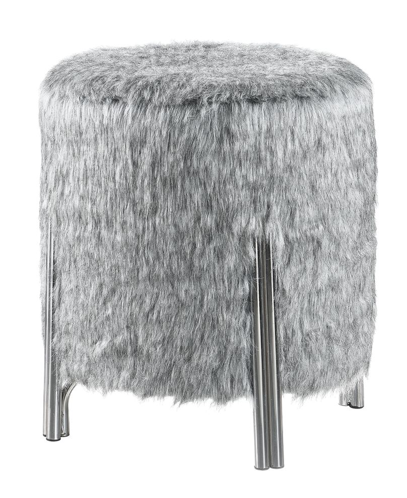Round gray faux fur / chrome legs ottoman by Coaster