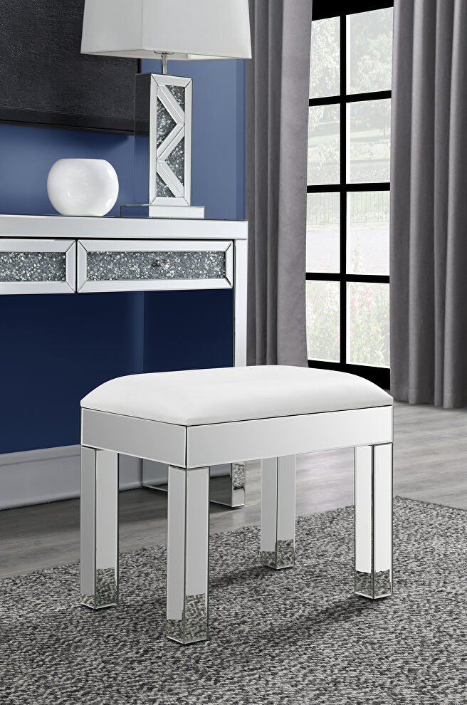 Mirrored leg base frame padded white leatherette seat vanity stool by Coaster