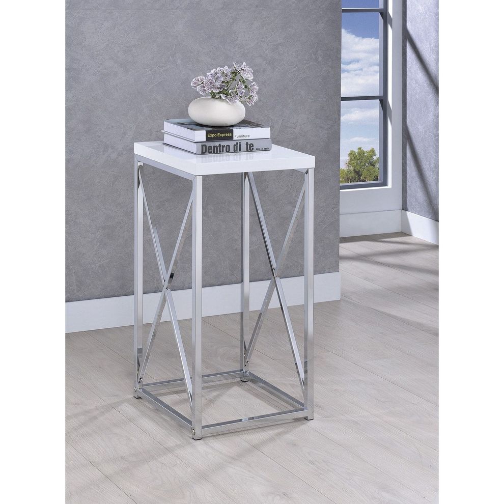 Glossy white / chrome accent table by Coaster