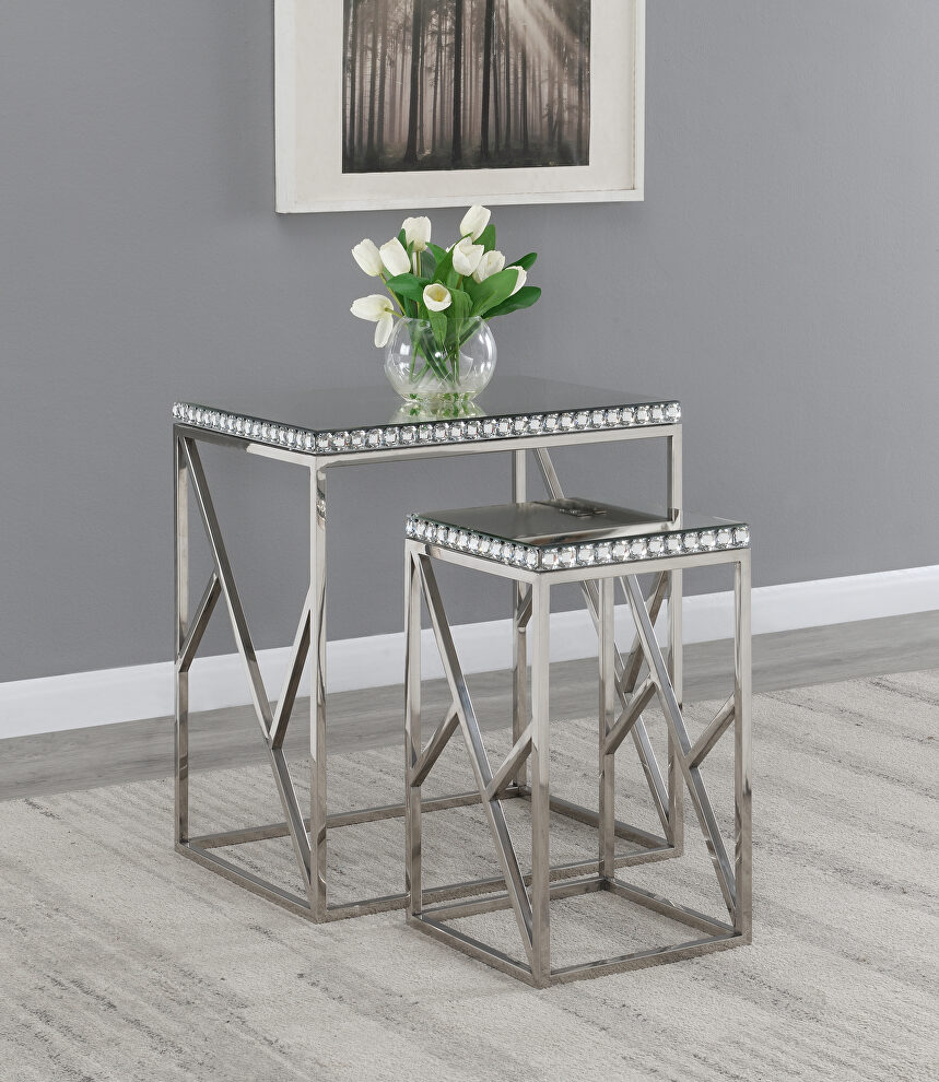 2pcs nesting tables w/ gemstones in chrome by Coaster
