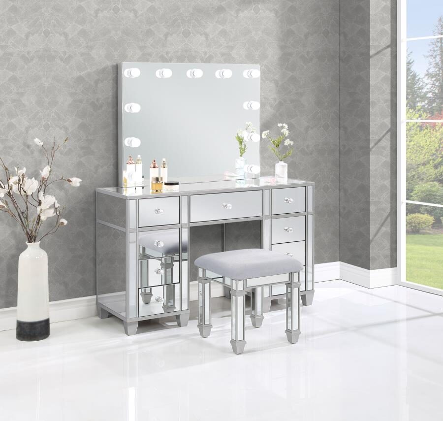 9-drawer mirrored storage vanity set with hollywood lighting metallic by Coaster