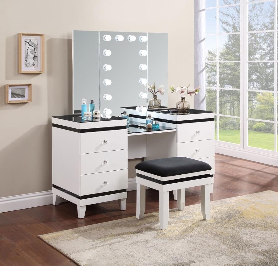 6-drawer vanity set with hollywood lighting black and white by Coaster