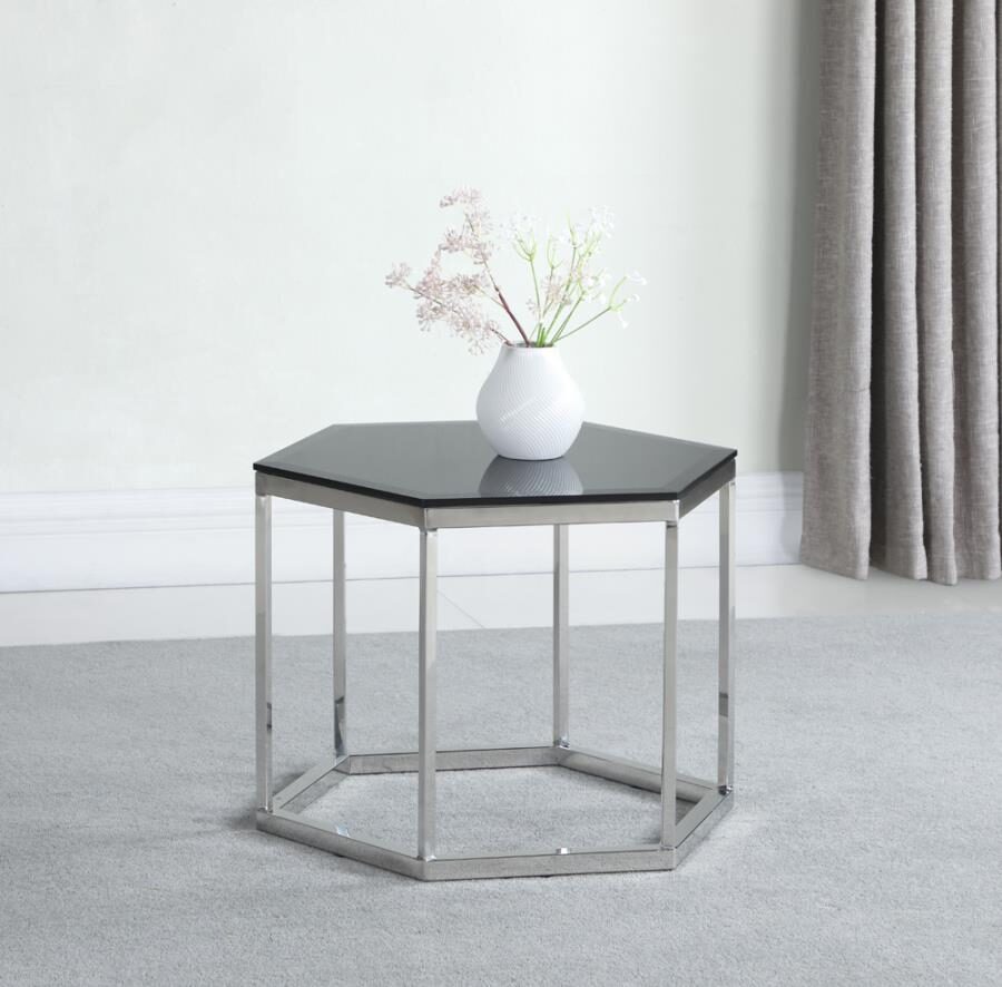 Black tempered glass top and stainless steel base accent table by Coaster