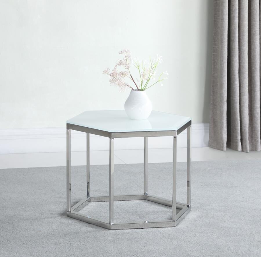 White tempered glass top and stainless steel base accent table by Coaster