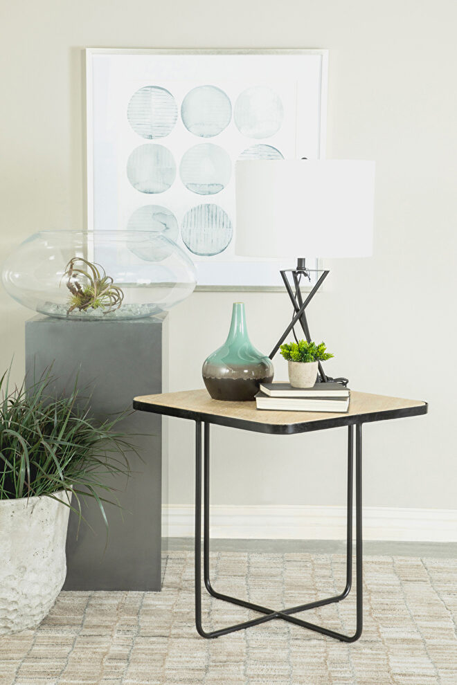 Travertine top and black base square accent table by Coaster