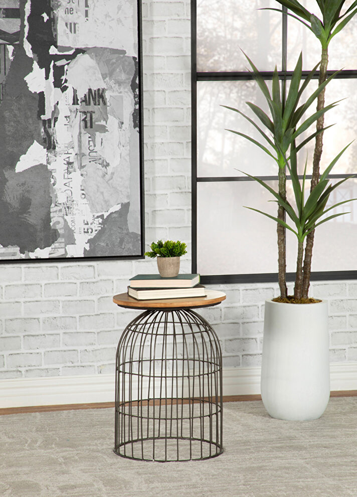 Round accent table with bird cage base natural and gunmetal by Coaster