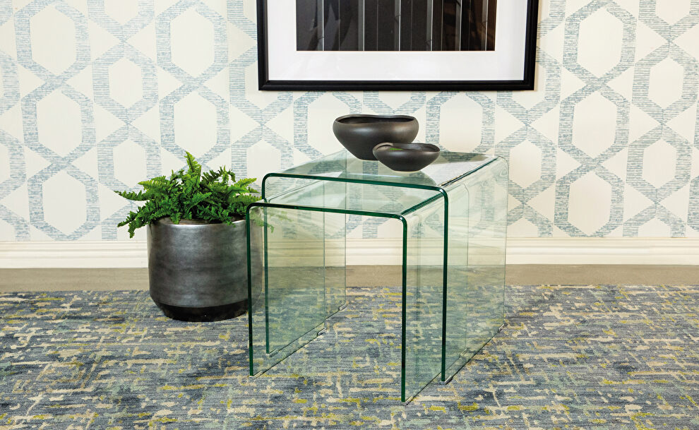 Clear bent glass 2 pc nesting table by Coaster