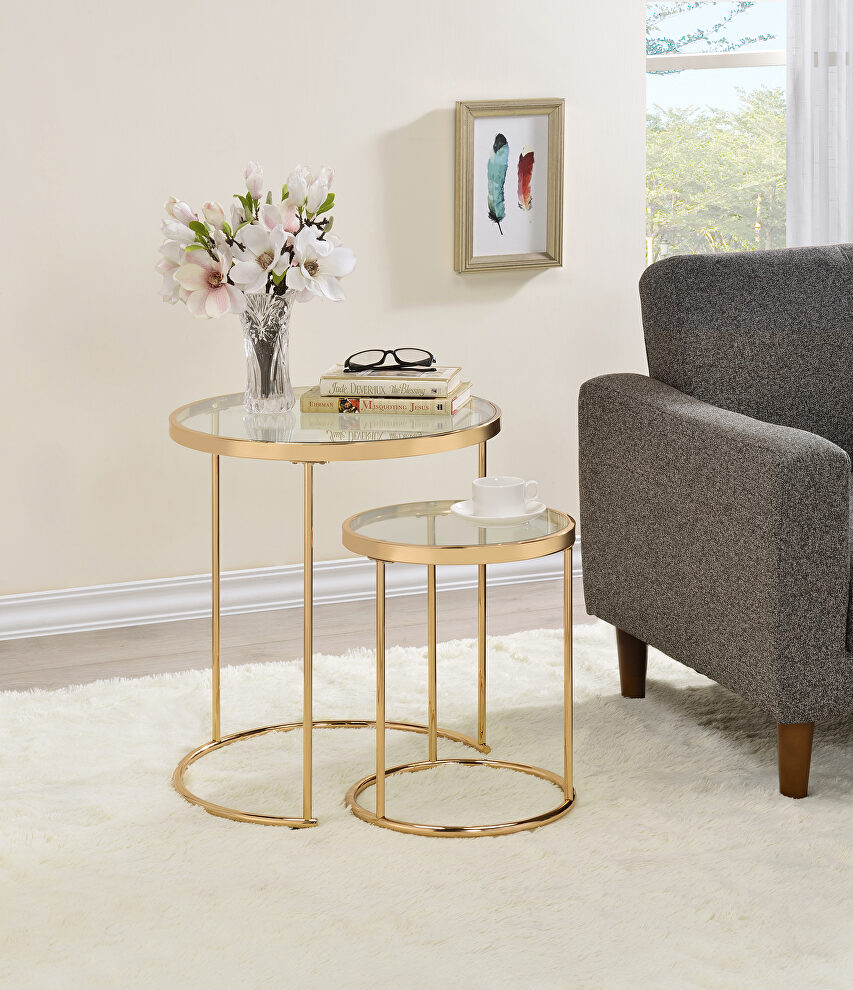 Gold steel and glass 2 pc nesting table by Coaster