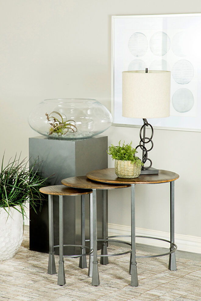 Natural finish tops and gunmetal base 3-piece round nesting table by Coaster