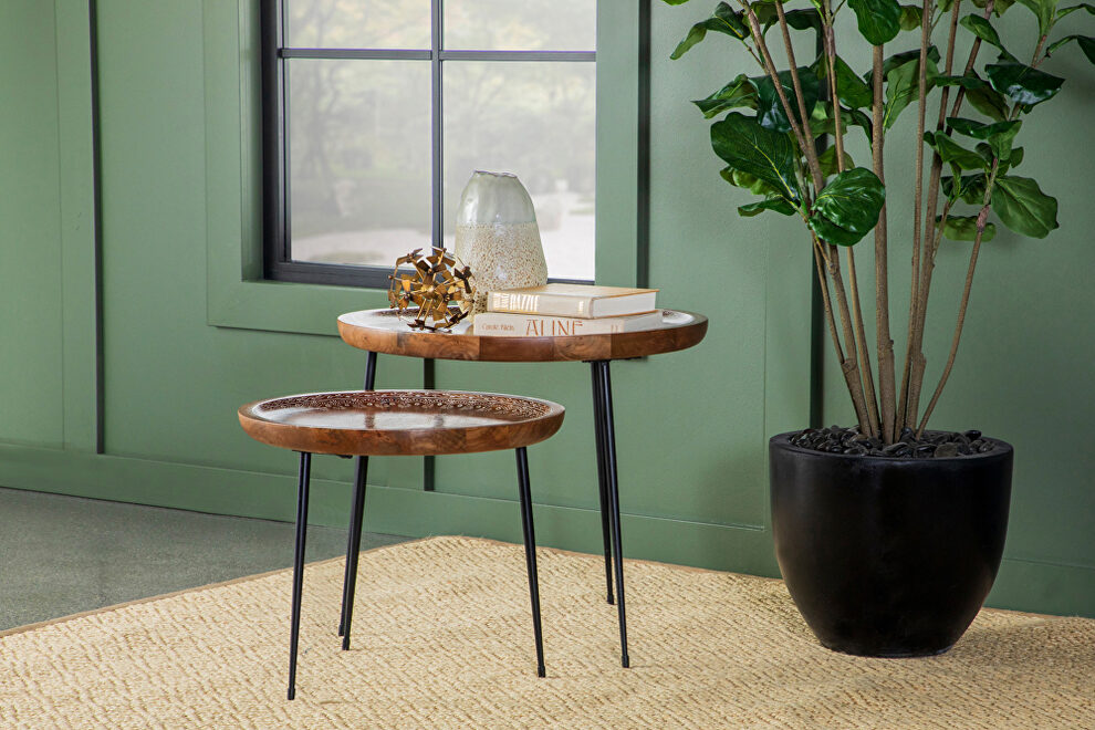 Honey top 2-piece round nesting table with tripod tapered legs by Coaster