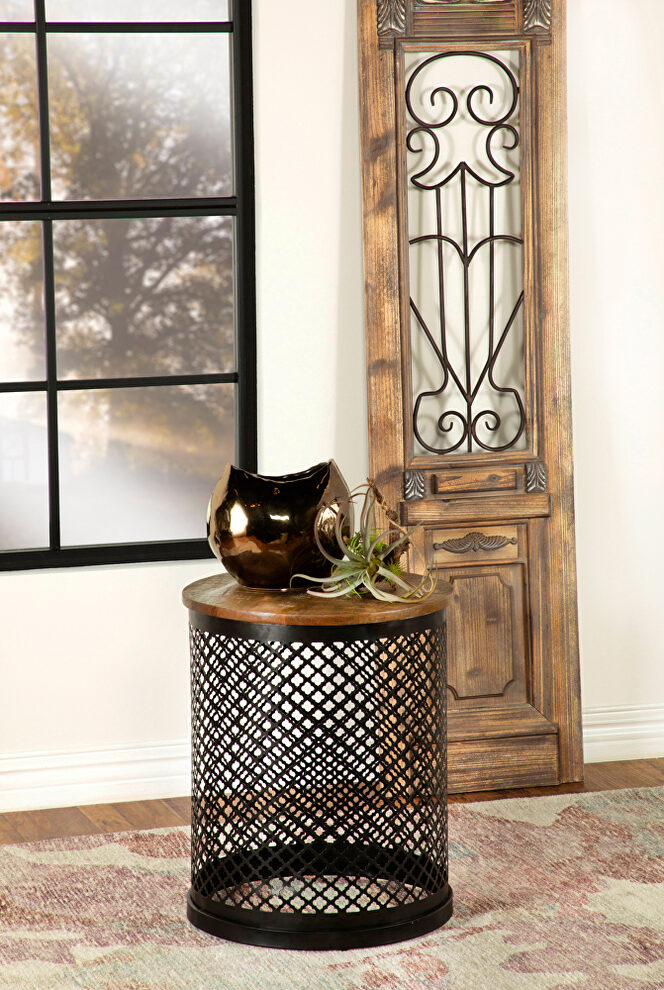 Natural finish top accent table with black drum base by Coaster