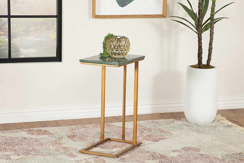 Green marble top and antique gold finish iron base accent table by Coaster