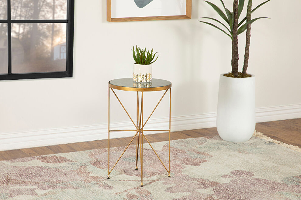 Round accent table with marble top green and antique gold by Coaster
