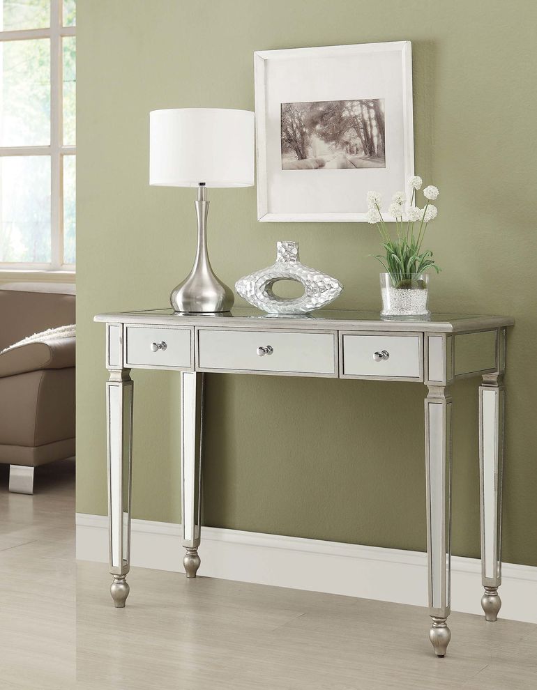 Contemporary antique silver mirrored console table by Coaster