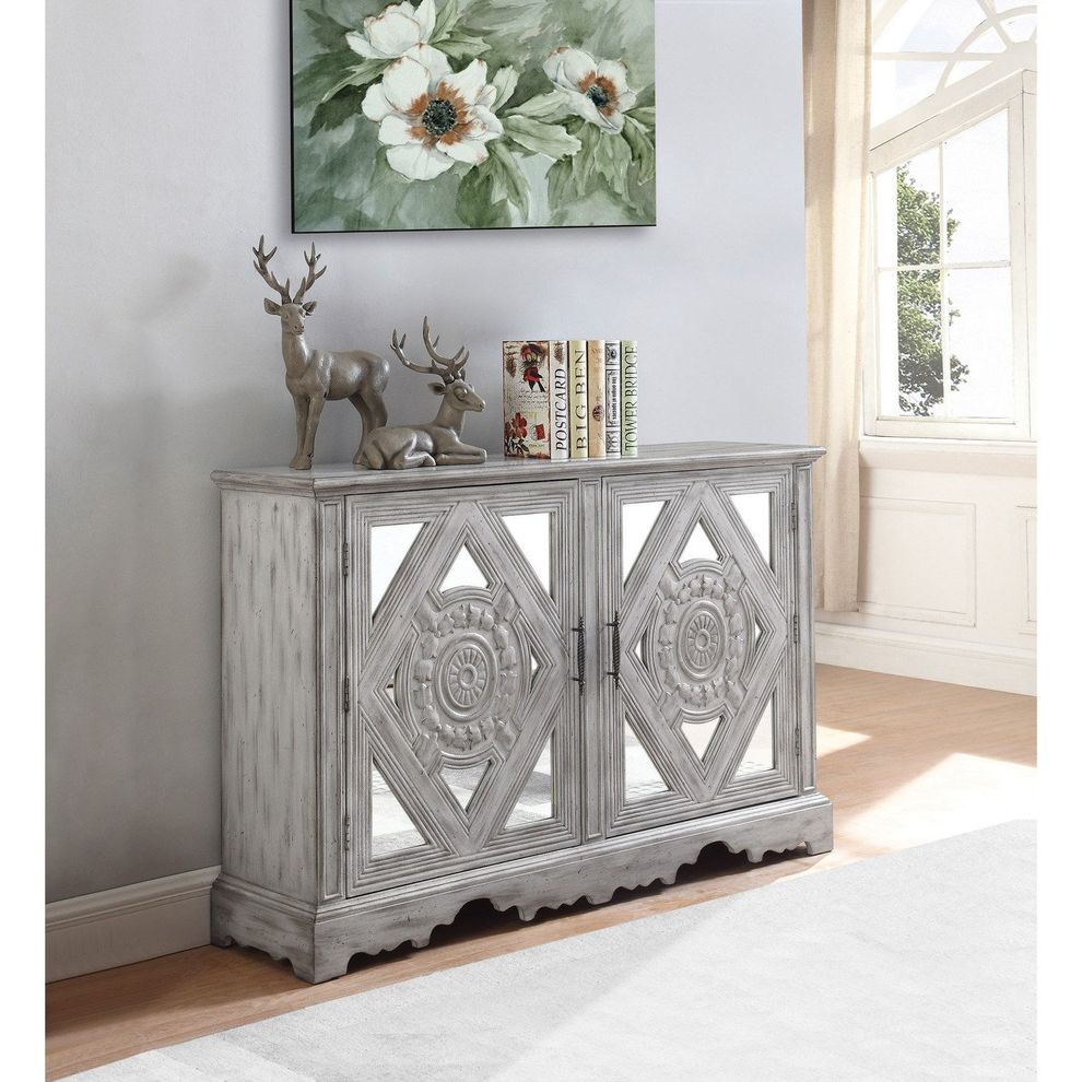 Weathered gray accent cabinet with mirrored inserts by Coaster