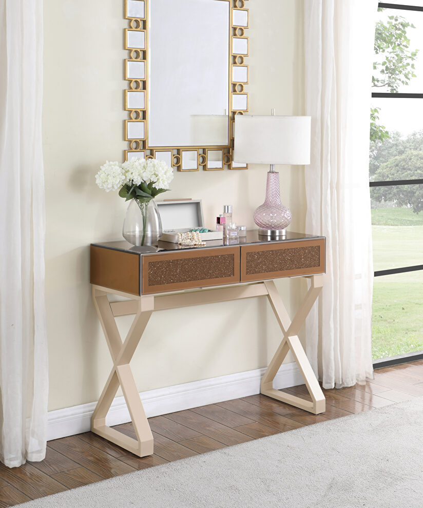 Rose gold mirror top and metal frame finish console table by Coaster