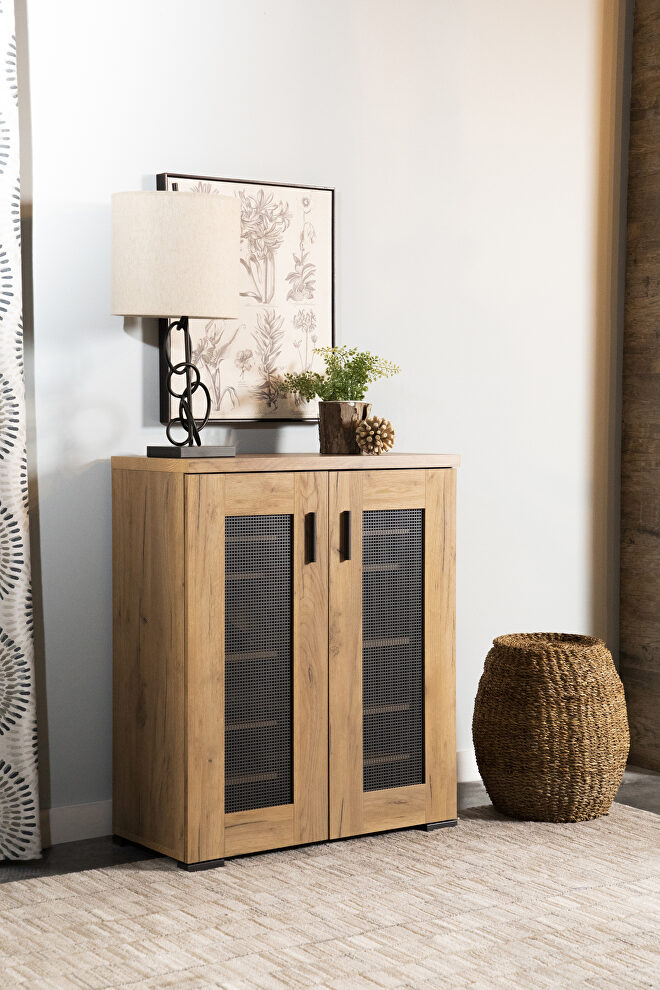 Industrial style storage cabinet in a golden oak finish shoe cabinet by Coaster